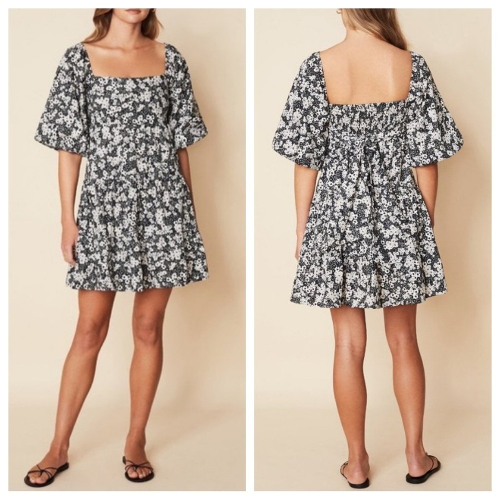 Faithful the Brand Eryn black white floral puff sleeve dress 37621